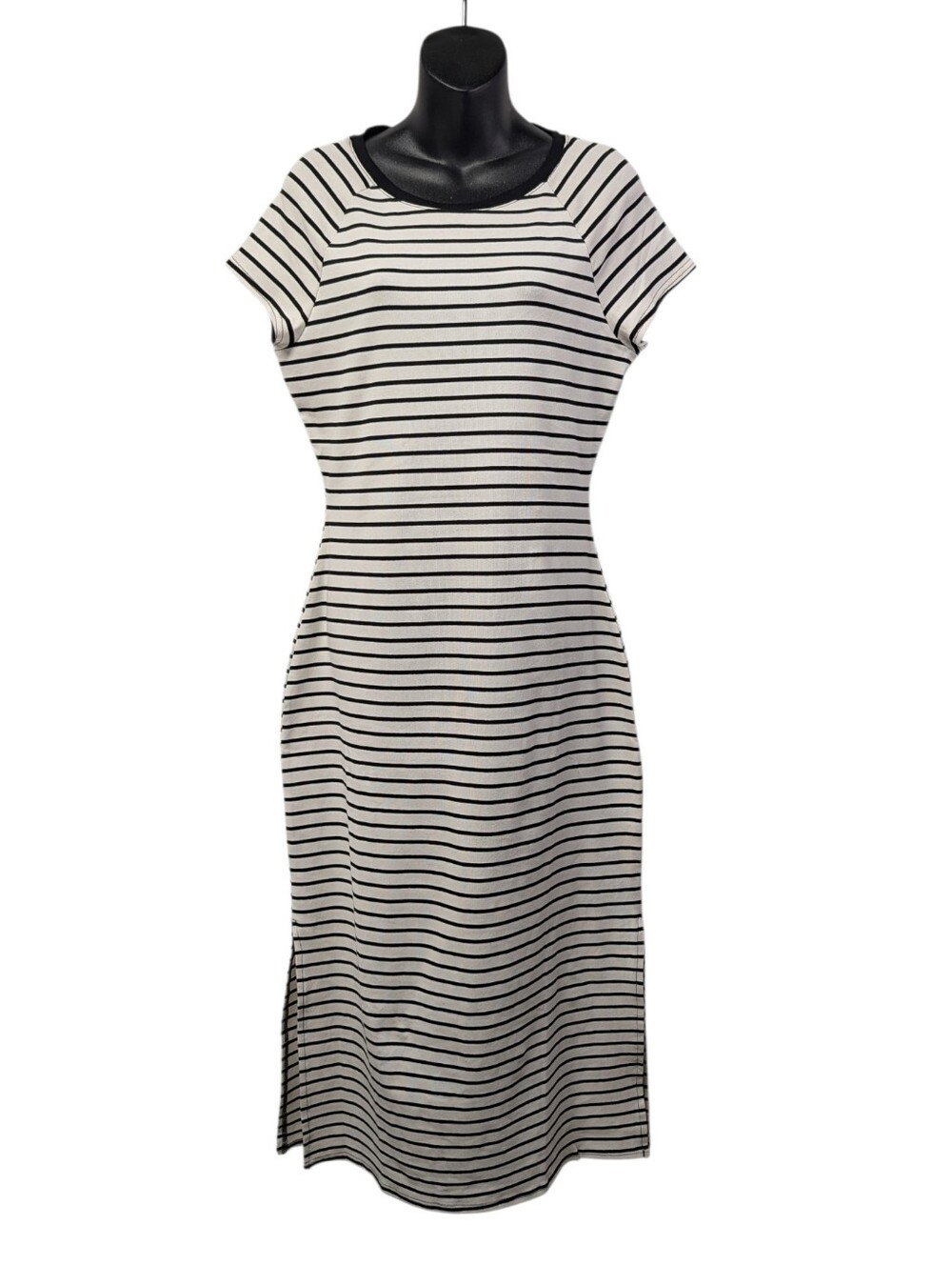 Gilli Womens White Black Striped Knit Midi TShirt Dress Side Slit Sz L NWT NWT
